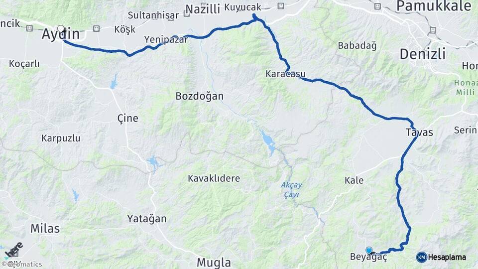 Denizli Beyağaç Aydın Arası Kaç Km - Yol Haritası