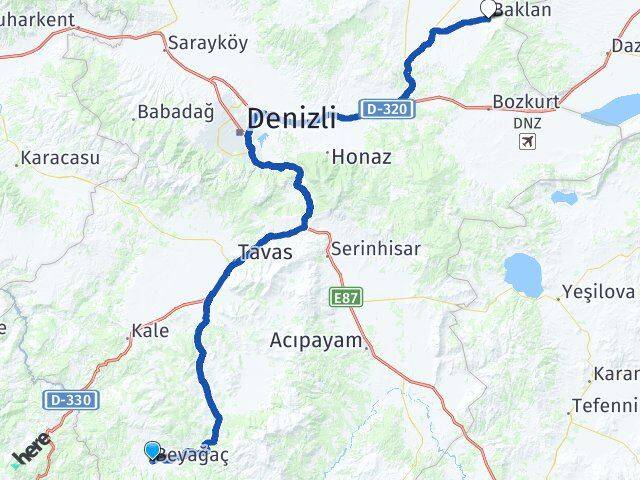 Denizli Beyağaç Baklan Arası Kaç Km - Yol Haritası