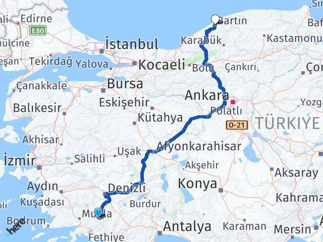 Denizli Beyağaç Bartın Arası Kaç Km - Yol Haritası