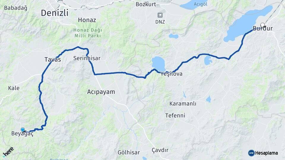 Denizli Beyağaç Burdur Arası Kaç Km - Yol Haritası