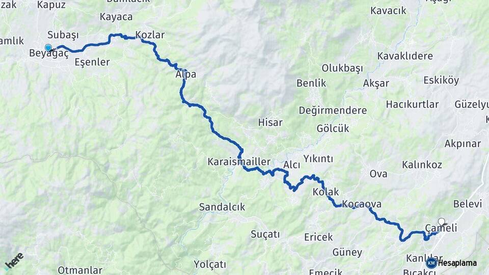 Denizli Beyağaç Çameli Arası Kaç Km - Yol Haritası