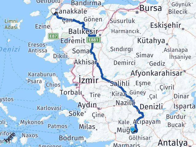 Denizli Beyağaç Çanakkale Arası Kaç Km - Yol Haritası