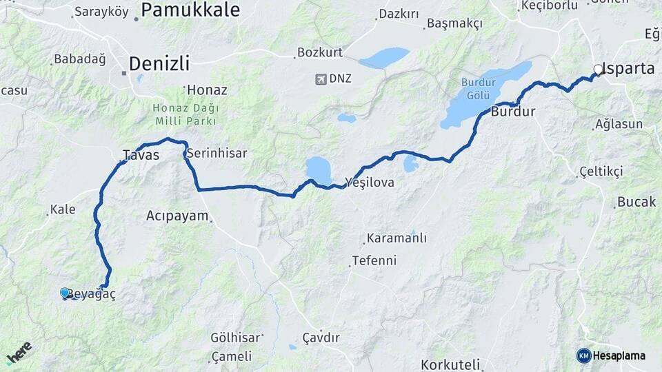Denizli Beyağaç Isparta Arası Kaç Km - Yol Haritası