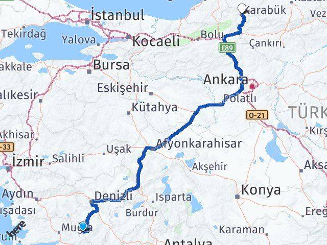 Denizli Beyağaç Karabük Arası Kaç Km - Yol Haritası
