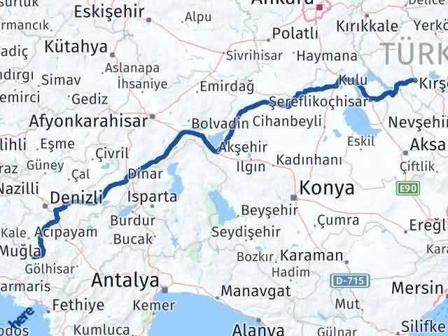 Denizli Beyağaç Kırşehir Arası Kaç Km - Yol Haritası