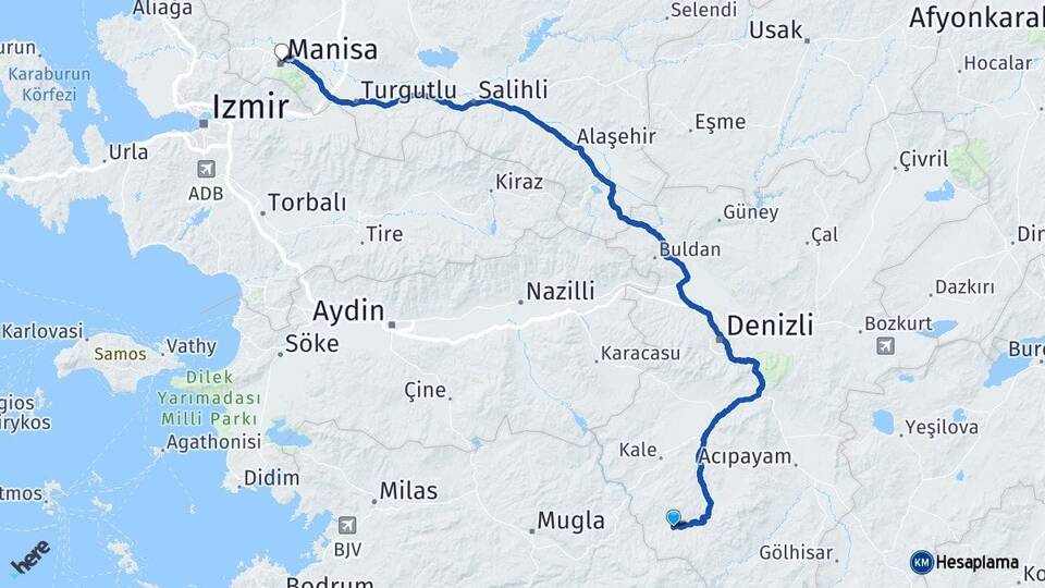 Denizli Beyağaç Manisa Arası Kaç Km - Yol Haritası