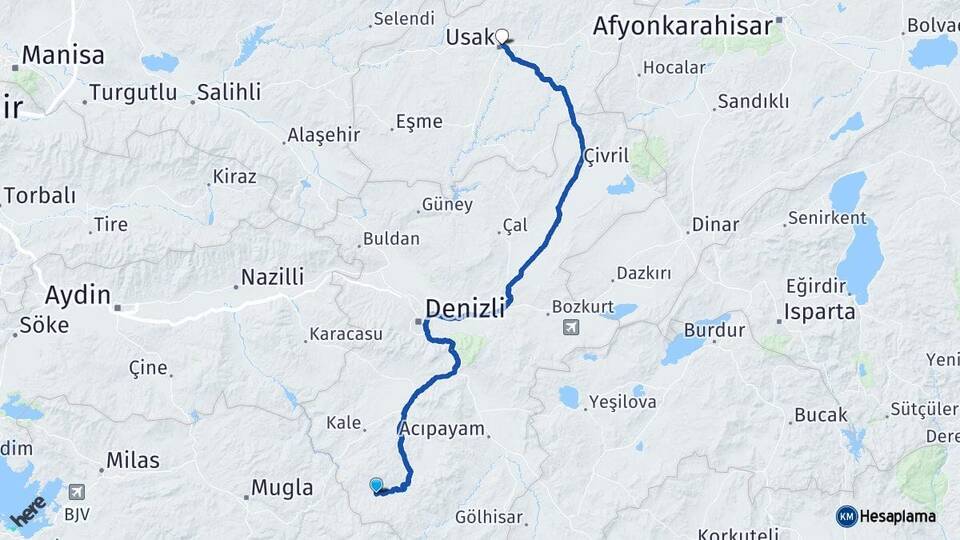 Denizli Beyağaç Uşak Arası Kaç Km - Yol Haritası