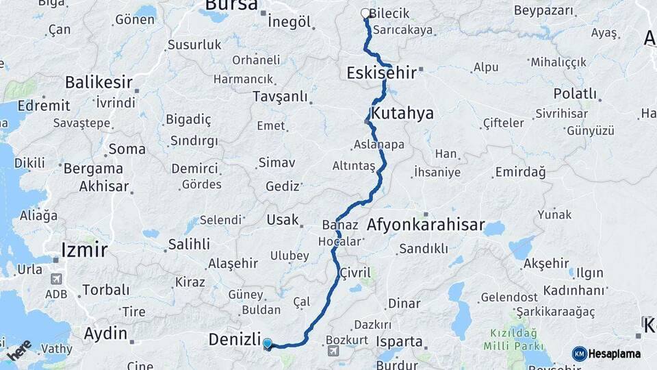Denizli Bilecik Arası Kaç Km - Yol Haritası