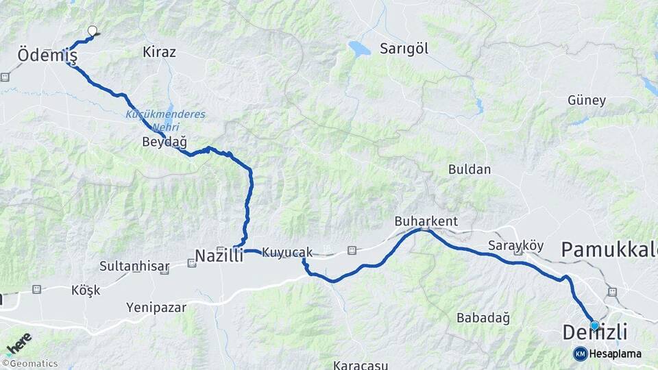 Denizli Birgi Ödemiş İzmir Arası Kaç Km - Yol Haritası