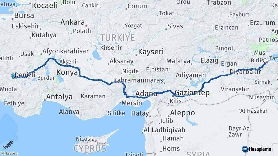 Denizli Bitlis Arası Kaç Km - Yol Haritası