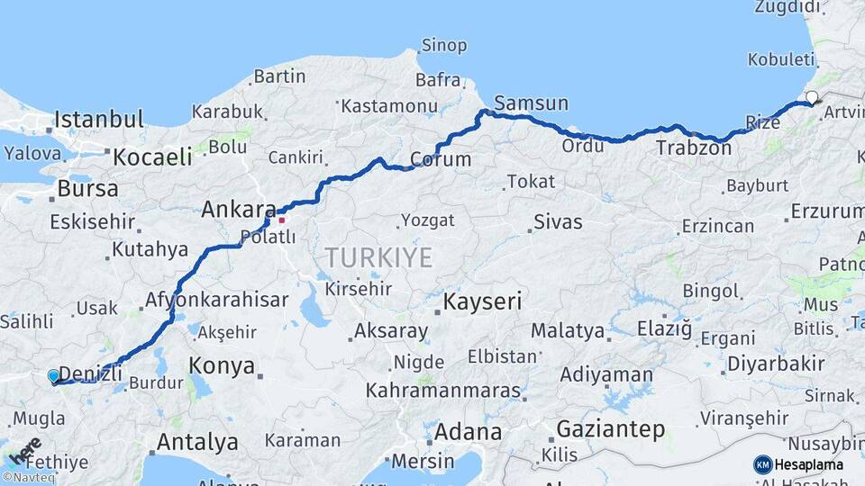 Denizli Borçka Artvin Arası Kaç Km - Yol Haritası