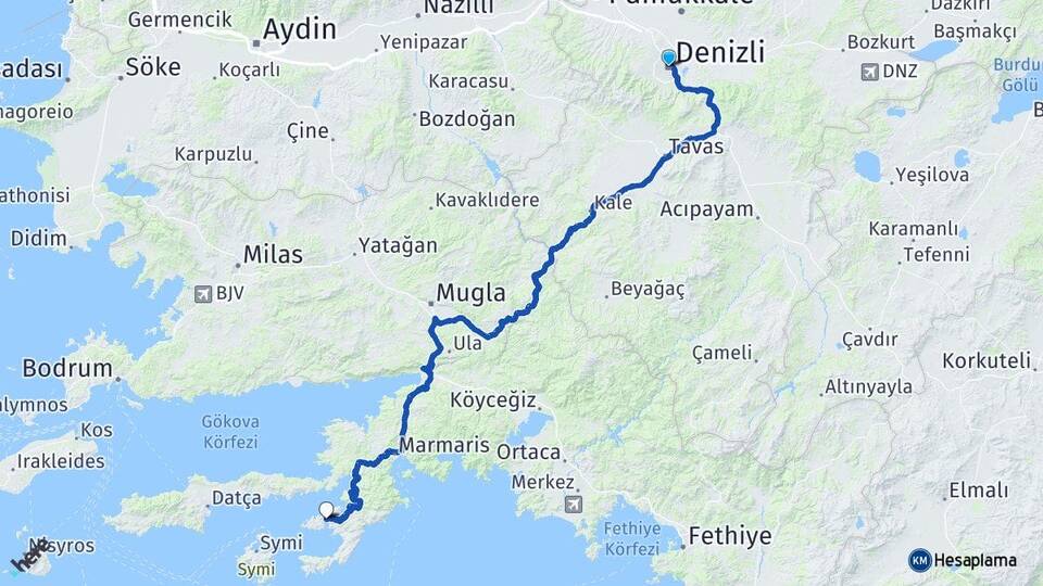 Denizli Bozburun Marmaris Muğla Arası Kaç Km - Yol Haritası