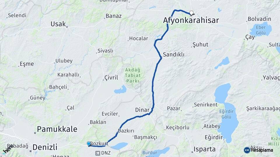 Denizli Bozkurt Afyonkarahisar Arası Kaç Km - Yol Haritası