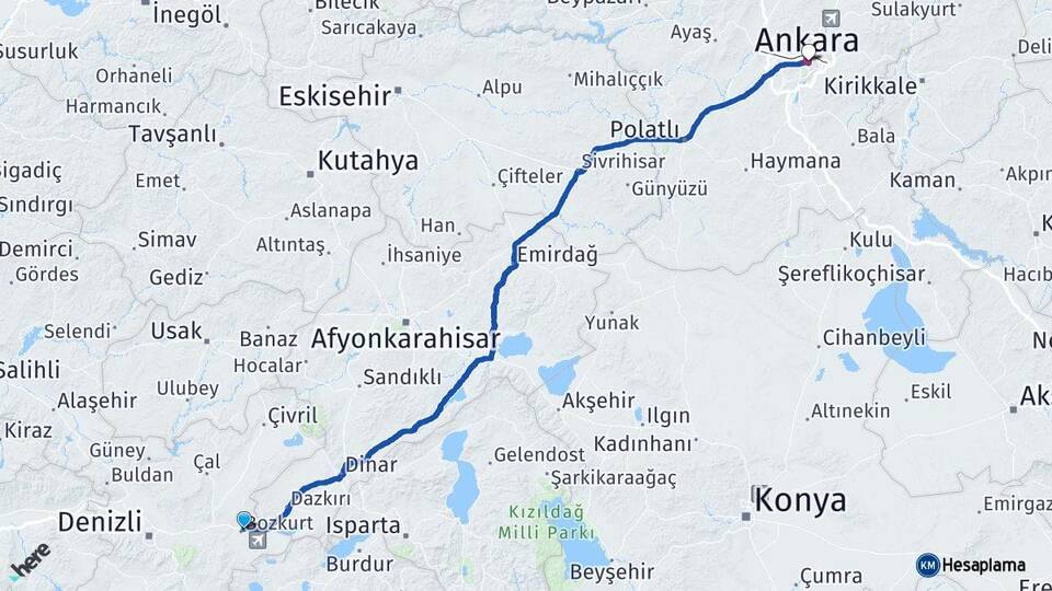Denizli Bozkurt Ankara Arası Kaç Km - Yol Haritası