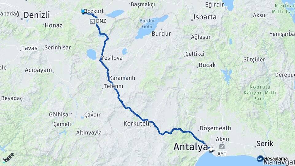 Denizli Bozkurt Antalya Arası Kaç Km - Yol Haritası