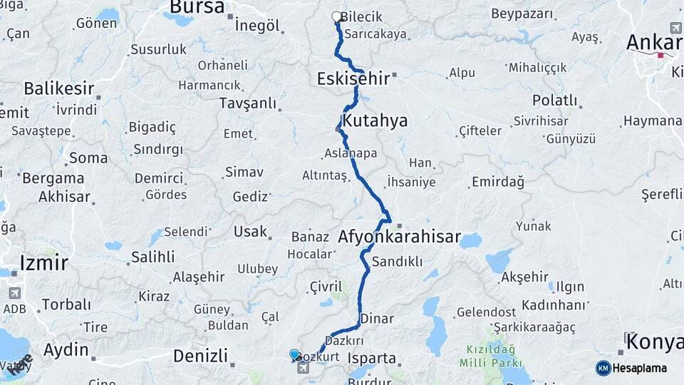 Denizli Bozkurt Bilecik Arası Kaç Km - Yol Haritası