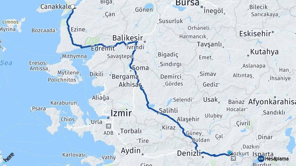 Denizli Bozkurt Çanakkale Arası Kaç Km - Yol Haritası