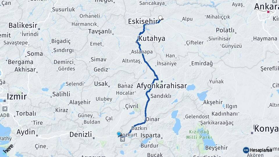 Denizli Bozkurt Eskişehir Arası Kaç Km - Yol Haritası