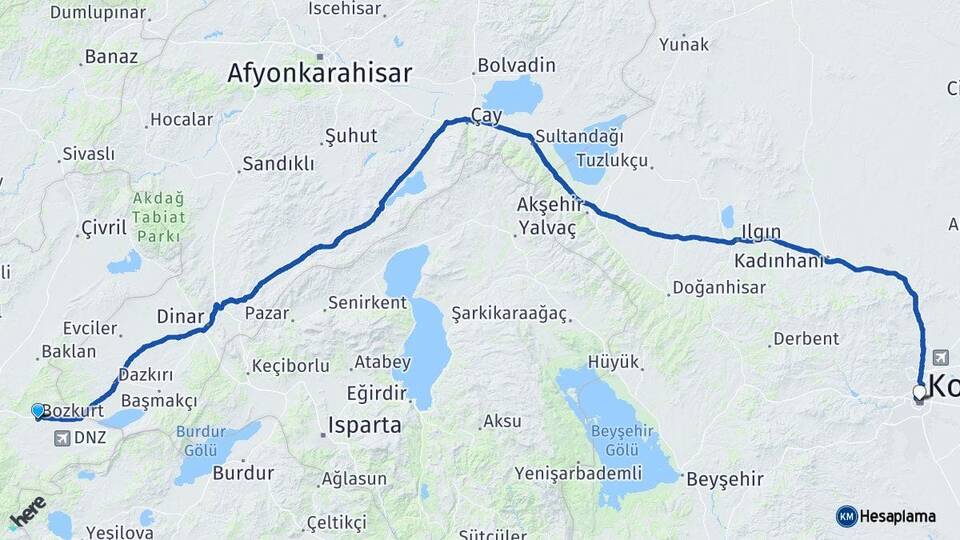 Denizli Bozkurt Konya Arası Kaç Km - Yol Haritası