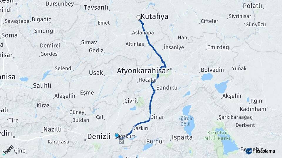 Denizli Bozkurt Kütahya Arası Kaç Km - Yol Haritası
