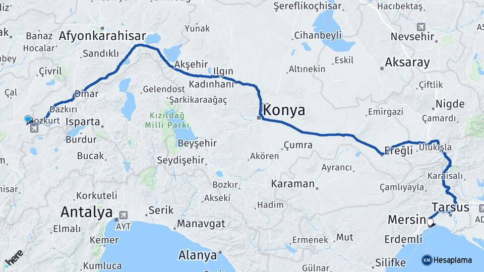 Denizli Bozkurt Mersin Arası Kaç Km - Yol Haritası