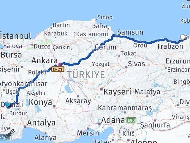 Denizli Bozkurt Rize Arası Kaç Km - Yol Haritası