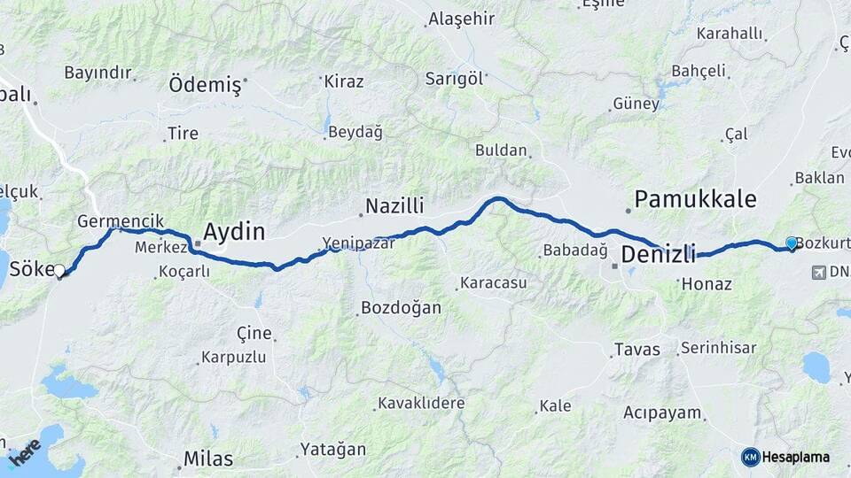 Denizli Bozkurt Söke Aydın Arası Kaç Km - Yol Haritası