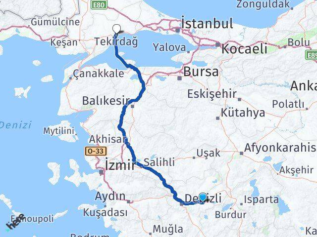 Denizli Bozkurt Tekirdağ Arası Kaç Km - Yol Haritası