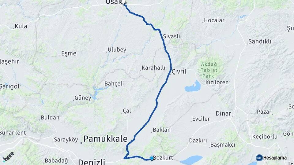 Denizli Bozkurt Uşak Arası Kaç Km - Yol Haritası