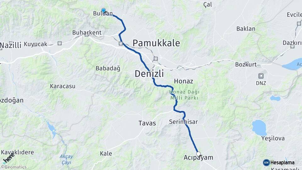 Denizli Buldan Acıpayam Arası Kaç Km - Yol Haritası
