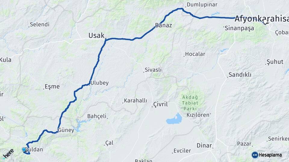 Denizli Buldan Afyonkarahisar Arası Kaç Km - Yol Haritası