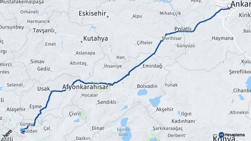 Denizli Buldan Ankara Arası Kaç Km - Yol Haritası