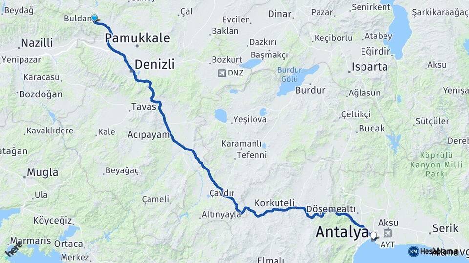 Denizli Buldan Antalya Arası Kaç Km - Yol Haritası