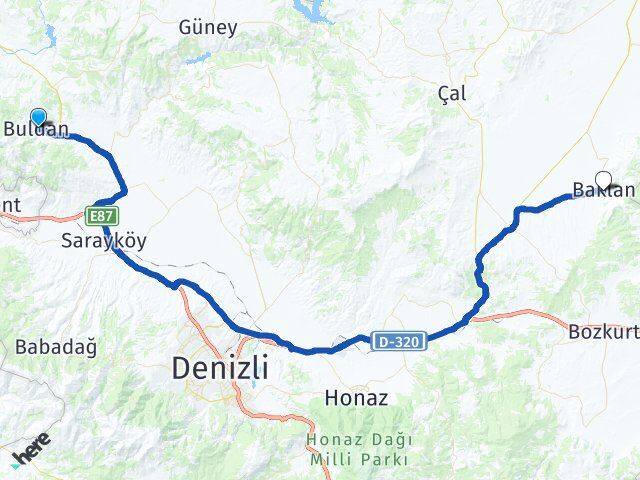 Denizli Buldan Baklan Arası Kaç Km - Yol Haritası