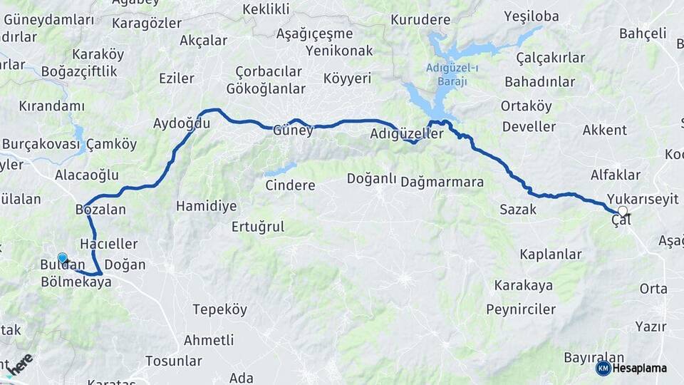 Denizli Buldan Çal Arası Kaç Km - Yol Haritası