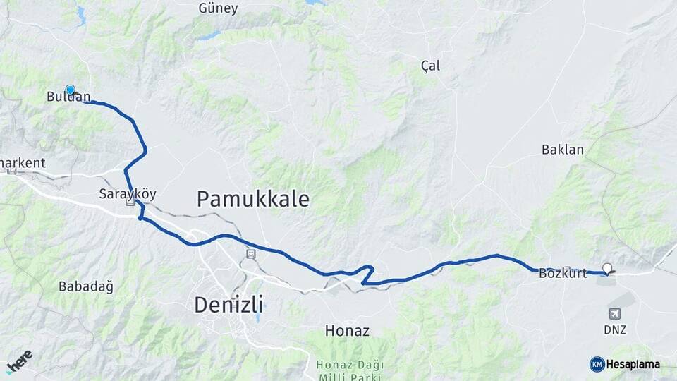 Denizli Buldan Çardak Arası Kaç Km - Yol Haritası