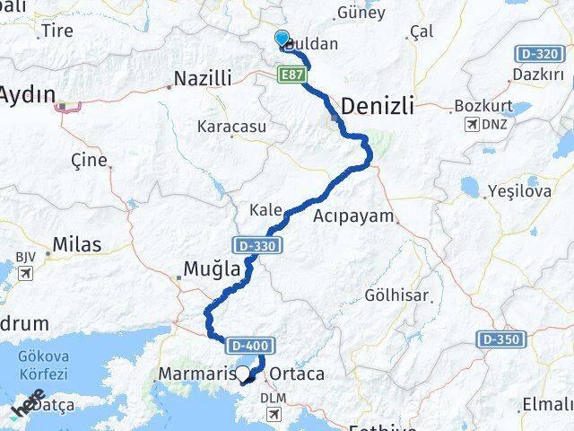 Denizli Buldan Dalyan Ortaca Muğla Arası Kaç Km - Yol Haritası