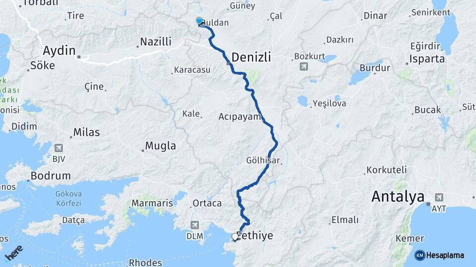 Denizli Buldan Fethiye Muğla Arası Kaç Km - Yol Haritası