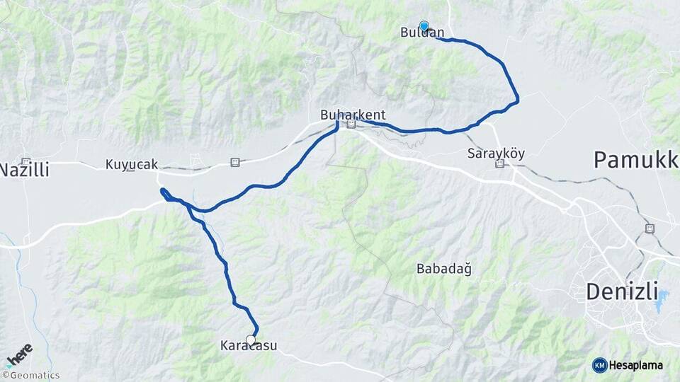 Denizli Buldan Karacasu Aydın Arası Kaç Km - Yol Haritası