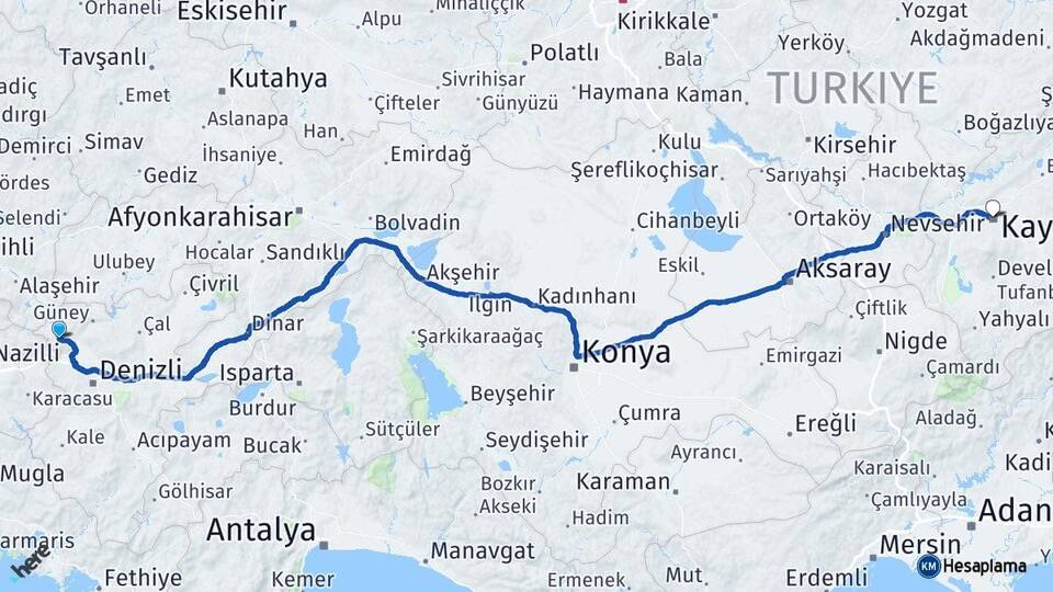 Denizli Buldan Kayseri Arası Kaç Km - Yol Haritası