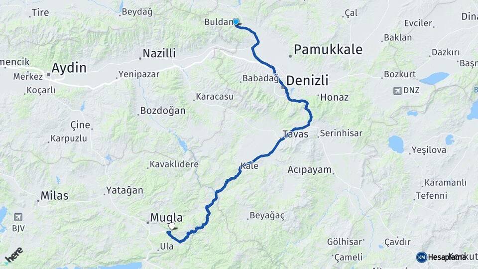 Denizli Buldan Muğla Arası Kaç Km - Yol Haritası