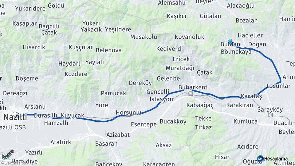 Denizli Buldan Nazilli Aydın Arası Kaç Km - Yol Haritası