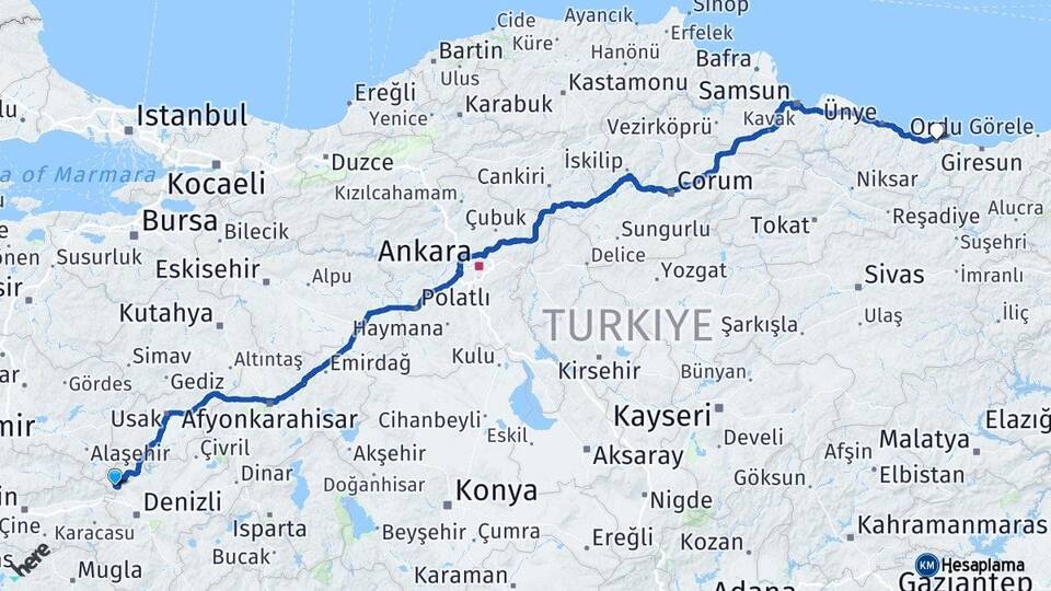 Denizli Buldan Ordu Arası Kaç Km - Yol Haritası