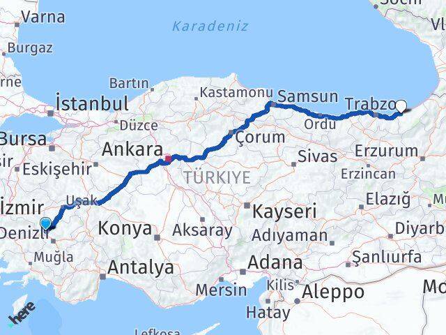 Denizli Buldan Rize Arası Kaç Km - Yol Haritası
