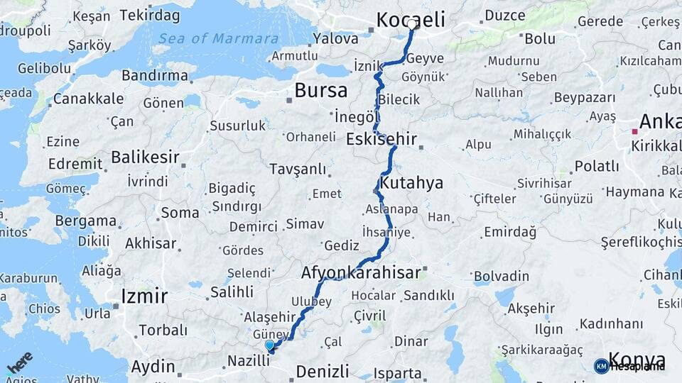 Denizli Buldan Sakarya Arası Kaç Km - Yol Haritası