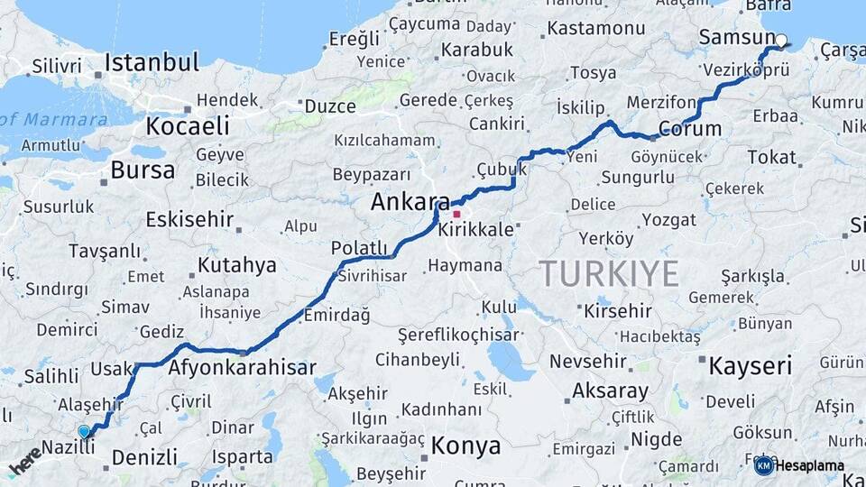 Denizli Buldan Samsun Arası Kaç Km - Yol Haritası