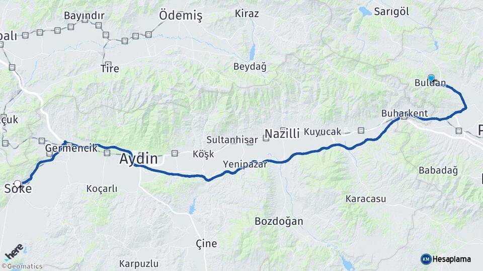 Denizli Buldan Söke Aydın Arası Kaç Km - Yol Haritası