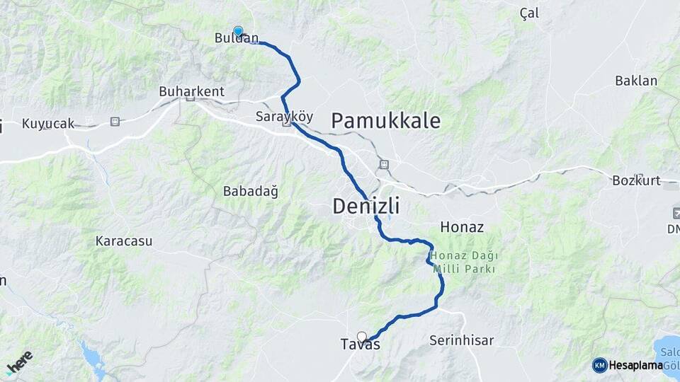 Denizli Buldan Tavas Arası Kaç Km - Yol Haritası