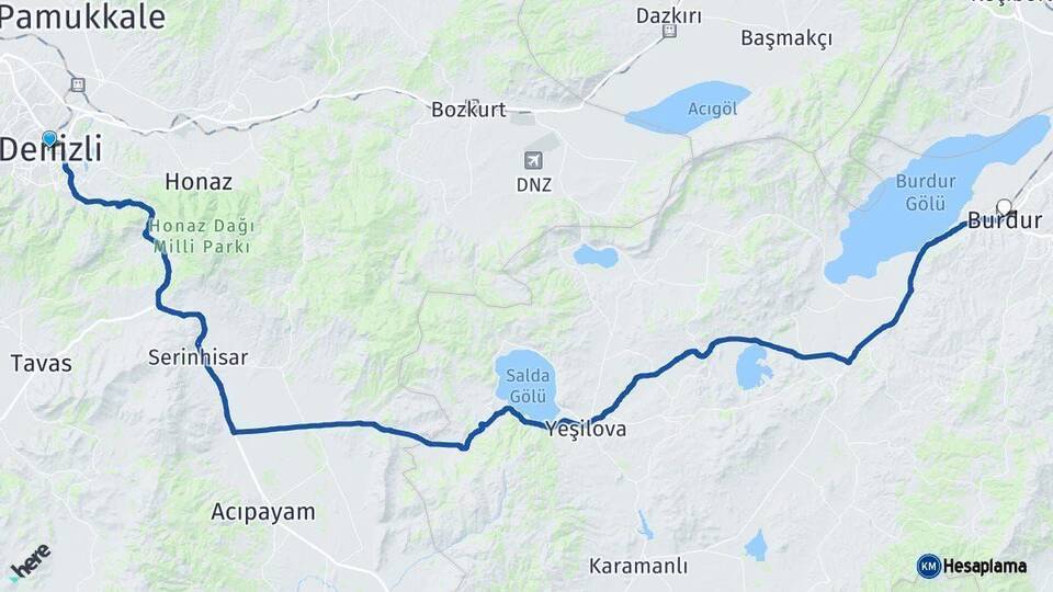 Denizli Burdur Arası Kaç Km - Yol Haritası