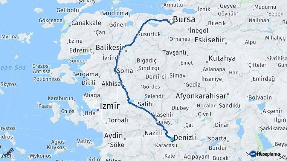 Denizli Bursa Arası Kaç Km - Yol Haritası